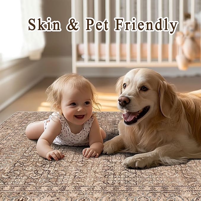 vivorug 5x7 Area Rugs - Ultra-Thin Washable Rug with Non-Slip Backing, Ideal for Living Room, Bedroom, Kitchen Floor Carpet - Vintage, Easy Clean, Durable, Sand/Antique