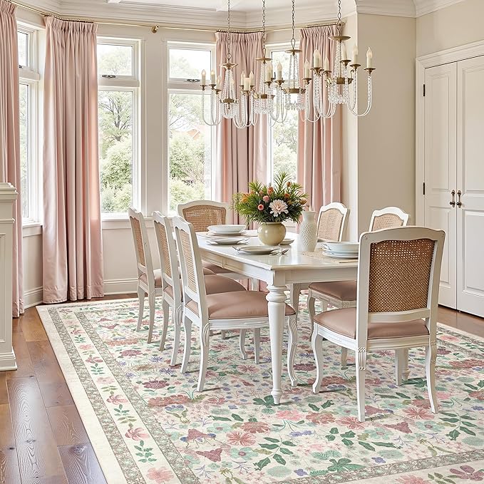 Deerly Large Floral Washable Area Rugs 9x12 for Living Room Vintage Boho Non-Slip Bedroom Carpet Soft Low Pile Thin Floor Mat Indoor for Dining Room Nursery Farmhouse, Beige/Light Pink/Multi