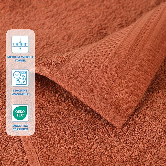 Superior Honeycomb Cotton Medium Weight Towels, for Guest Bath, Master Bathroom, Shower, Quick Dry, Adults, Home Essentials, Textured Waffle Border, Towel Set, Bath Towels, Set of 4, Rust