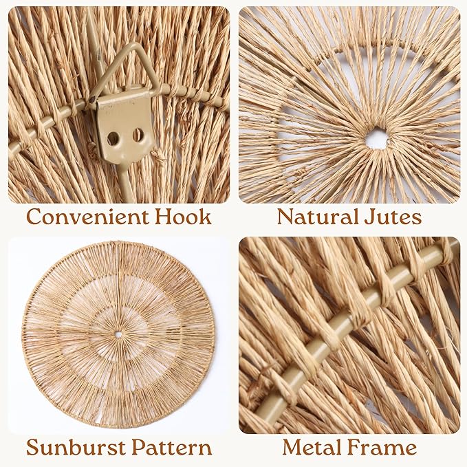 CHI AN 18 Inch Boho Wall Decor – Set of 5 Woven Jute Wall Baskets, Boho Wall Art & Decorative Basket Set, Farmhouse Wall Hanging, Handwoven Wall Plates for Living Room, Bedroom – 18", 14", 11", 8", 7"