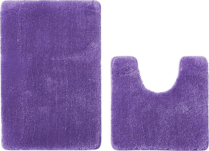 Bathroom Rug Set 2Piece, Thick &Soft Microfiber Shaggy, U Shaped Contour, Machine Washable Bath Mats, Absorbent Bath Rugs, Non-slip Rubber Backing Bath Mat for Bathroom Floor, Tub and Shower, Purple