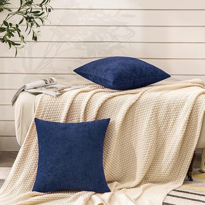 GAWAMAY Decorative Square Throw Pillow Covers 22"x22" Inch Set of 2, Super Soft Chenille Pillows Farmhouse Fall Pillowcase for Living Room Bedroom Sofa Couch Cushion Cover Navy Blue 55x55cm