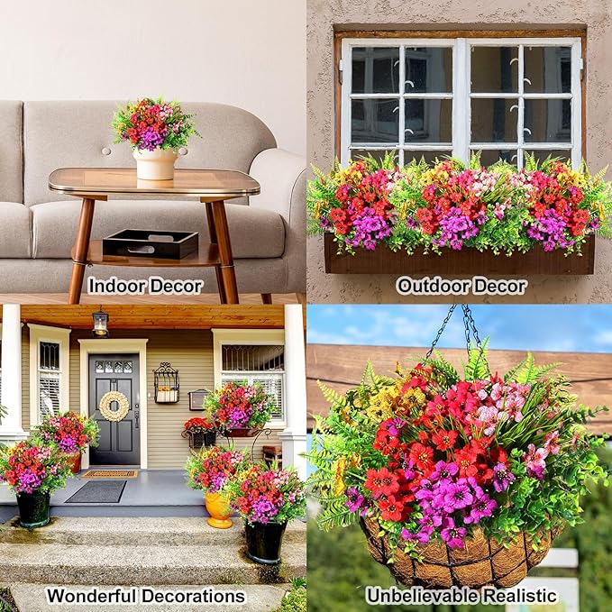 Zeyune 56 Bundles Artificial Flowers Fake UV Resistant for Outdoor Plastic Greenery Shrubs Plants No Fade Faux Flower for Garden Porch Patio Window Wedding Party Decor(Multi Color,Elegant)