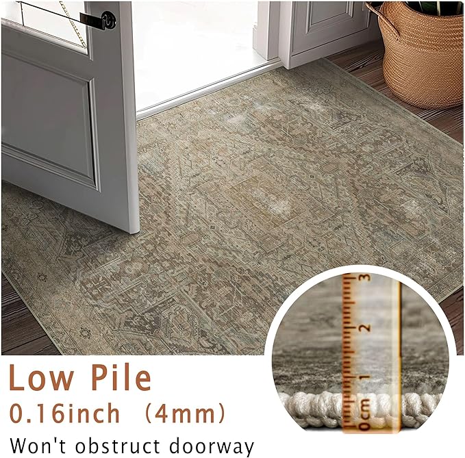 vivorug 3x5 Rug, Small Area Rug for Living Room, Bedroom, Kitchen, Machine Washable Non-Slip Throw Rug, Vintage Carpet for Entryway Nursery Coffee Table - Durable (Olive)