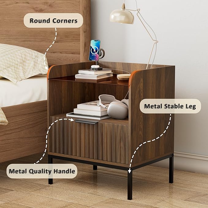 Nightstand Set of 2 with Charging Station, Mid Century Modern Night Stand, Fluted Bedside Table with Glass Top & Metal Legs, Wood End Table for Bedroom, Living Room (Walnut)