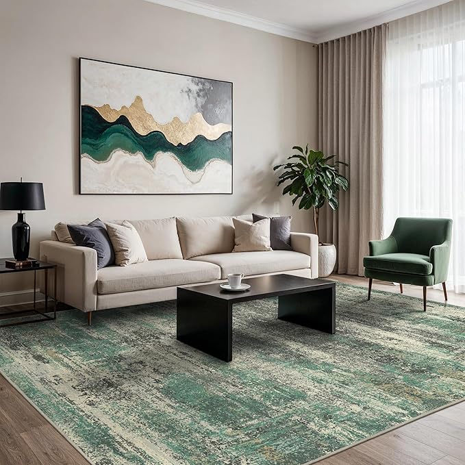 GENIMO Washable Rug-6x9 Area Rugs Lightweight Low Pile Carpet with Rubber Backing, Modern Pet Friendly Decorative Rug for Living Room, Bedroom, Playroom, Sage Green