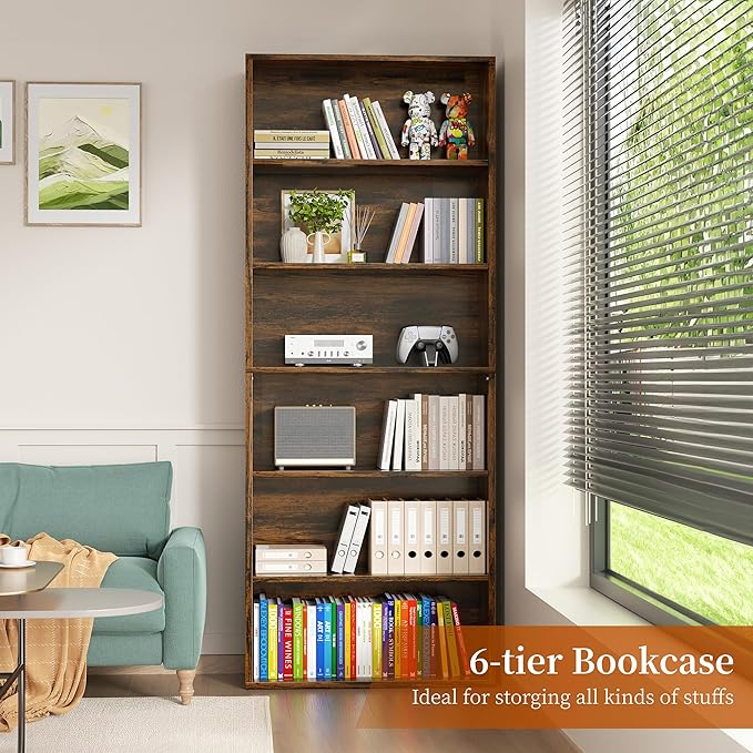 Vongrasig 6-Tier Open Bookcase and Bookshelf, Floor Standing Wood Display Storage Shelves 71 Inch Tall Bookcase Home Decor Furniture for Home Office, Living Room, Bed Room, Rustic Brown, 2 Pieces
