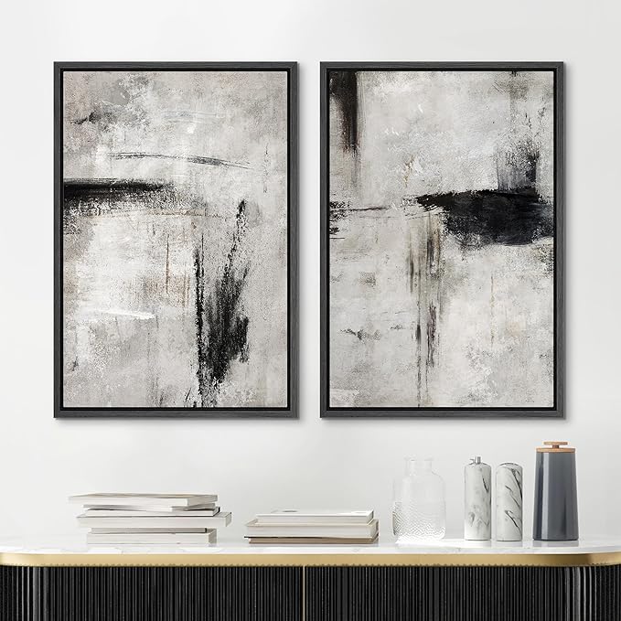 MUDECOR Framed Canvas Print Wall Art Grey Black Abstract Shape Illustrations Modern Art Decorative Bohemian Colorful Chic for Living Room, Bedroom, Office - 16"x24"x2 Black
