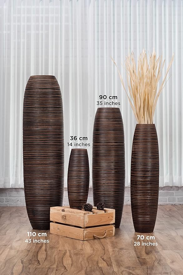 Leewadee Large Brown Home Decor Floor Vase – Wooden 34 inches Tall Farmhouse Decor Flower Holder for Fake Plant and Pampas Grass