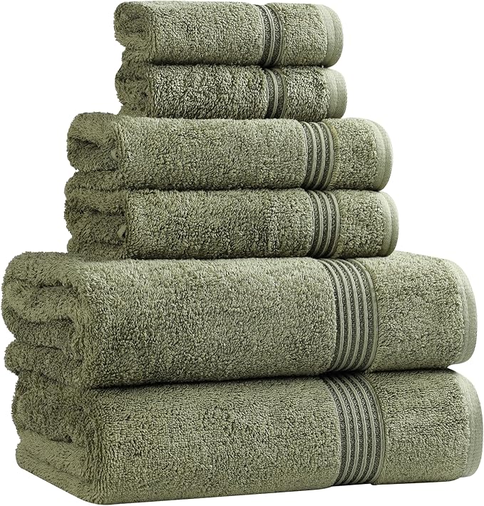 Superior Egyptian Cotton 6-Piece Towel Set, Assorted Towels, Home Bathroom, Master, Guest Bath, Decor Essentials, Includes 2 Bath, 2 Hand, 2 Face Towels/Washcloths, Quick Dry, Absorbent, Forest Green