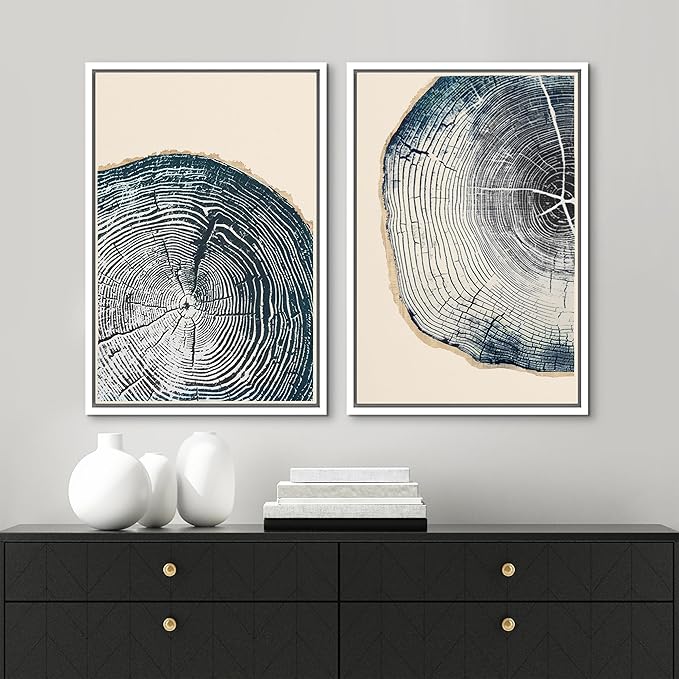 MUDECOR Framed Canvas Print Wall Art Navy Blue Wood Tree Ring Nature Illustration Modern Art Decorative Multicolor Geometric Minimal for Bedroom - 24"x36"x2 White