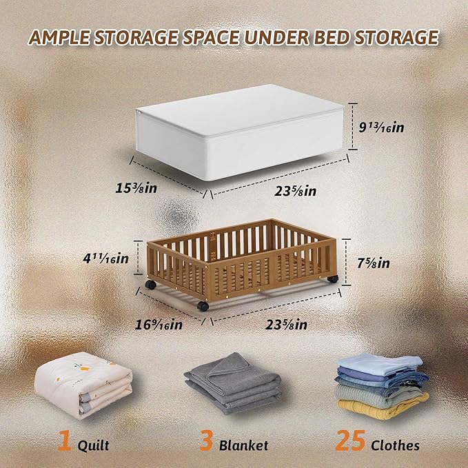 Bamboo Under Bed Storage Containers with Wheels, Rolling Under the Bed Shoe Storage Bins, Wood Stackable Underbed Drawers with Bag Organizer for Bedroom Closet Clothing Under Crib Toy Walnut 1PCS