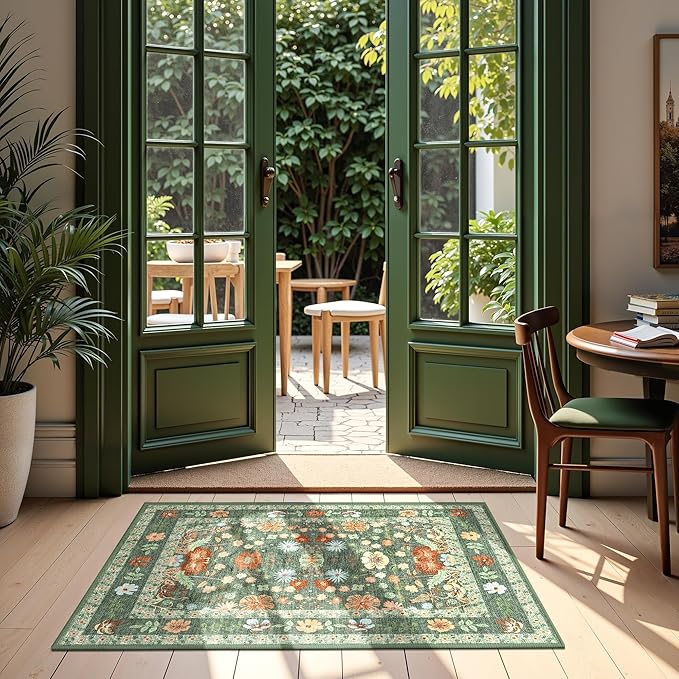 Deerly Green Small Floral 2x3 Entryway Rug Vintage Boho Bathroom Door Mat Washable Non-Slip Soft Low Pile Thin Indoor Carpet Home Decor for Kicthen Entrance Farmhouse Throw Rug, Green/Multi