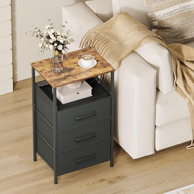 Night Stand Set of 2, Nightstands with 3 Fabric Drawers, Side Table with Open Storage Shelf, Security Metal Mesh, Bedside Tables for Bedroom, Living Room, Small Spaces, Rustic Brown