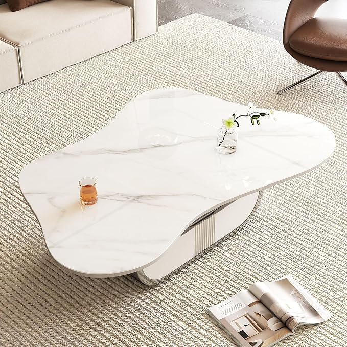 41.7" Marble Coffee Table with Storage Shelf & Drawer, Modern White Silver Coffee Tables for Living Room,Sturdy Stainless Steel Base, Sintered Stone Tabletop, Irregular Tea Cocktail Center Table