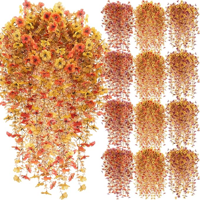 Hoteam 12 Pack Artificial Fall Hanging Flowers Plants for Outdoors Autumn 30 Inch UV Resistant Fake Plastic Faux Plants Bulk for Planter Porch Patio Yard Garden Wedding Wall Indoor