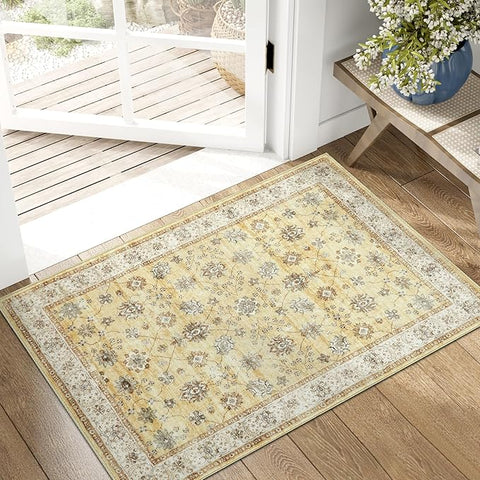 jinchan Area Rug 2x3 Washable Vintage Floral Rug Indoor Entryway Non-Slip Door Mats Soft Carpet for Living Room Bedroom Bathroom Home Office Taupe