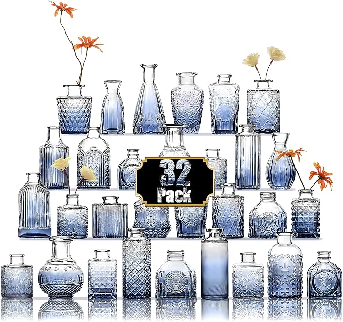 Arme Bud Vases Set of 32, Blue Vase for Centerpieces, Clear Bud Vase in Bulk, Mini Flower Vintage Cute Vases for Centerpieces, Small Glass Vases for Wedding Decor, Home Table Flower Décor