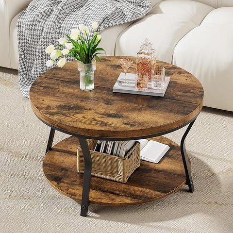 Round Coffee Tables for Living Room, Circle Wood Coffee Table, 2 Tier Industrial Modern Center Table with Thickened Tabletop and Metal Frame, 31.5 inch (Rustic Brown)