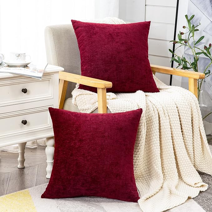 GAWAMAY Decorative Square Throw Pillow Covers 22"x22" Inch Set of 2, Super Soft Chenille Pillows Farmhouse Fall Pillowcase for Living Room Bedroom Sofa Couch Cushion Cover Burgundy Red 55x55cm