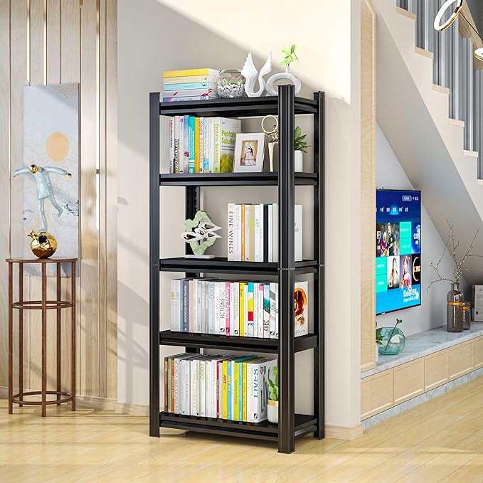 Tall Bookshelf with Open Shelves, Metal Office Book Shelf, Adjustable Organizer Bookcase, Standing Storage Organizer Shelf for Living Room (27.6 W*13.8" D*63" H)