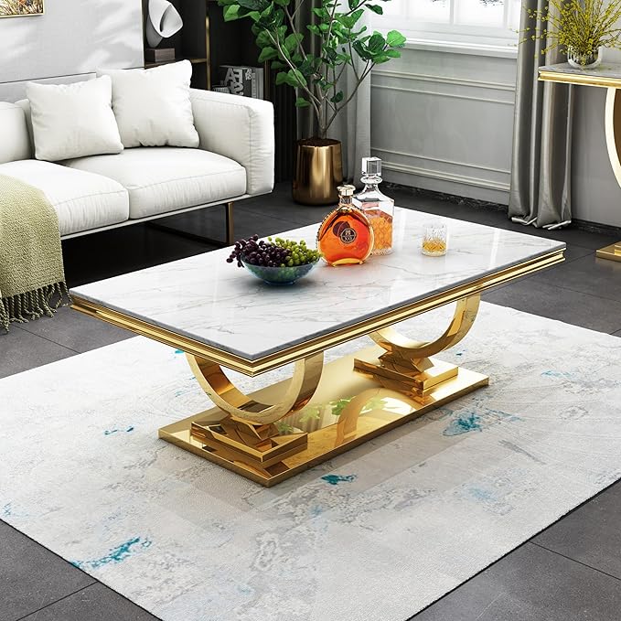 SSLine Rectangular Faux Marble Coffee Table for Living Room Modern Luxury White Marble Center Table with Gold Pedestal Base 46.8" Mid-Century Cocktail Table with Mirrored Stainless Steel Frame Legs