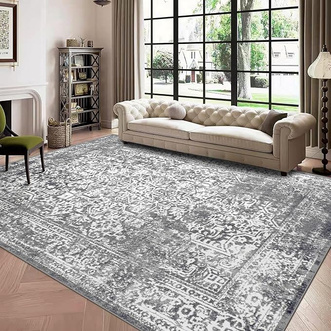 vivorug 4x6 Area Rugs, Stain Resistant Washable Rug for Living Room, Vintage-Inspired Grey Rug