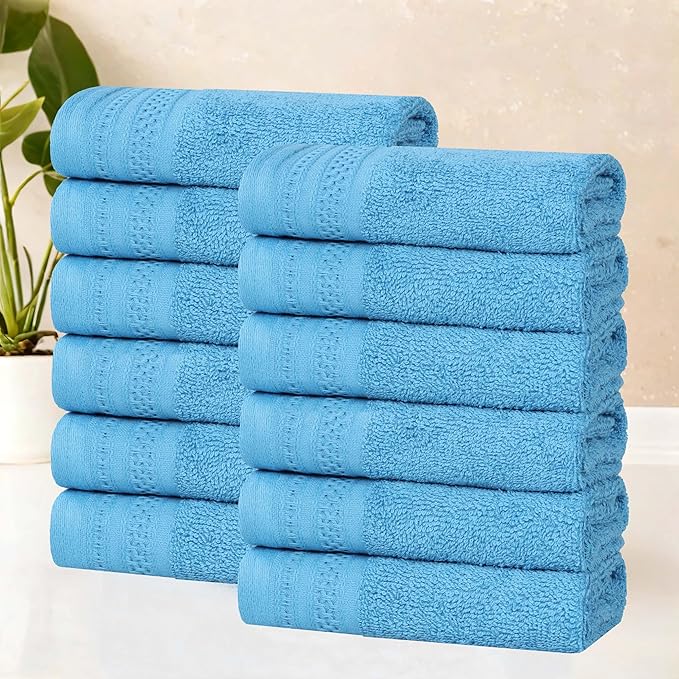 Superior Honeycomb Cotton Medium Weight Towels, for Guest Bath, Master Bathroom, Shower, Quick Dry, Adults, Home Essentials, Textured Waffle Border, Assorted Towel Set, 12 Piece Face Towel Set, Azure