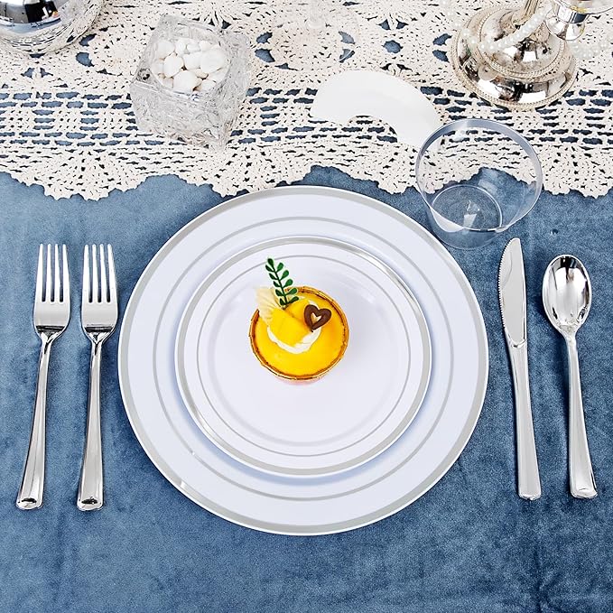 150 PCS Silver Disposable Dinnerware Set for 25 Guests, Silver Plastic Plates for Party, Including 25 Dinner Plates, 25 Salad Plates, 25 Cups, 25 Forks Knives Spoons for Wedding and Party Supplies