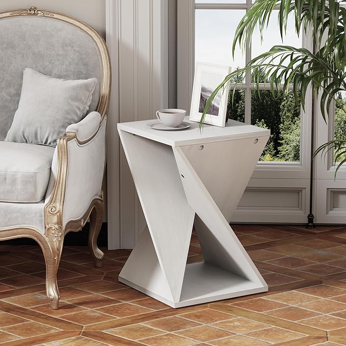 Modern End Table Square Solid Wood Pedestal Side Table Rustic Plant Stand with Twisted Design for Living Room, Bedroom, Office, White