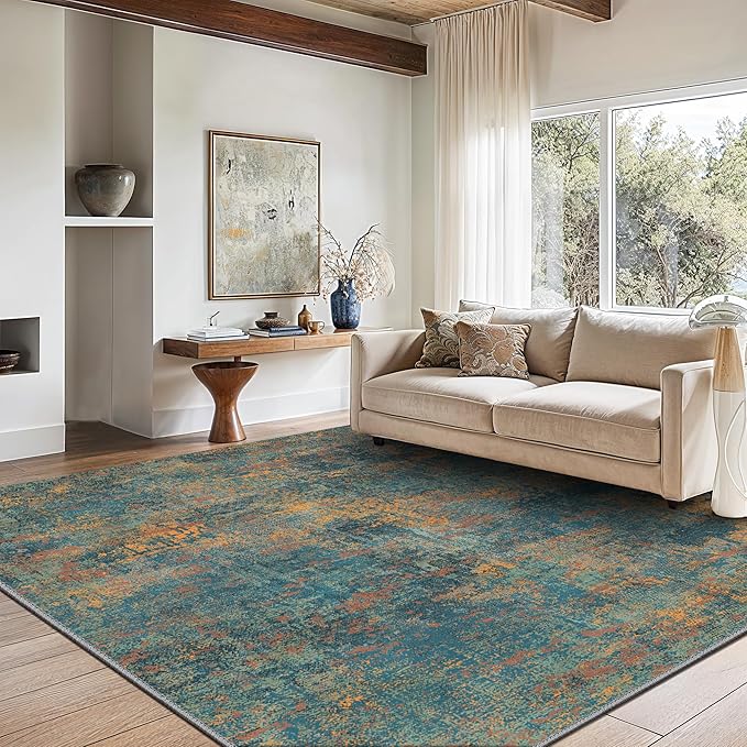 GENIMO Washable Area Rugs for Living Room Bedroom, 10x14 Modern Abstract Non Slip Rug, Low Pile Soft Contemporary Indoor Floor Carpet Cover for Dining Room Kitchen, Dark Blue