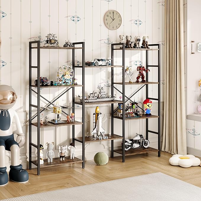 Triple 4 Tier Book Shelf, Modern Bookcase Shelf, Freestanding Large Display Shelves for Living Room/Office/Garage, Stable Large Bookshelf with Storage for Books/Lego/Plants, Rustic Brown