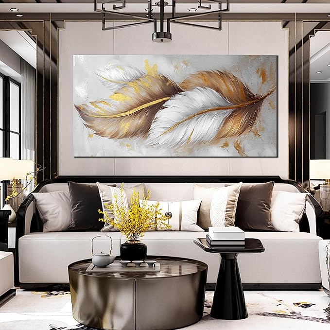 Leaf Canvas Wall Art for Living Room Large Size - White and Brown Gold Pictures Wall Art for Bedroom - Modern Wall Art Office Size 29" x 59"
