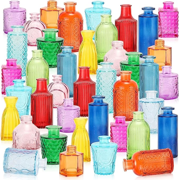 Yaomiao 60 Pcs Vases Bulk Colored Flower Glass Vases Bud Vintage Colored Glass Bottles Colorful Rustic Embossed for Home Wedding Table Decorations Gifts(Vivid Color)