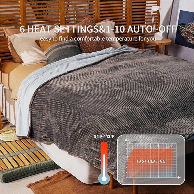 Heated Blanket Full Size 72"x84",ETL Certification-6 Heating Levels Electric Blanket&1-10 Hour Auto Off,Machine Washable Heating Blanket(Grey)