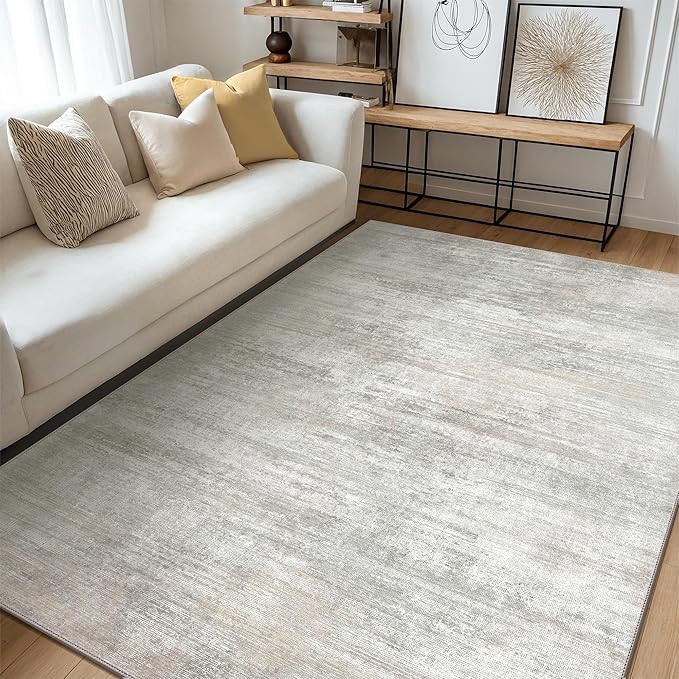 GENIMO Washable Area Rugs for Living Room Bedroom, 8X10 Modern Abstract Non Slip Rug, Low Pile Soft Contemporary Indoor Floor Carpet Cover for Dinning Room Kitchen, White/Grey