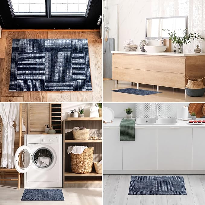 Canvas Washable Indoor Rug with Rubber Backing, Door Mat for Entryway, Kitchen, Bathroom, Non-Slip Mat, Washable Entryway Rug, Pet Friendly, Navy Blue, 20" x 27.5"