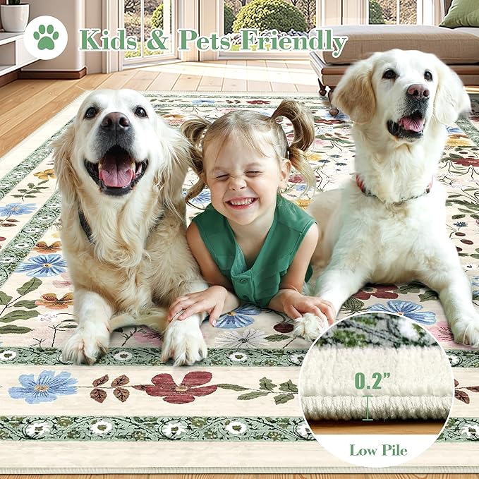 Deerly Large Floral Washable Area Rugs 9x12 for Living Room Vintage Boho Non-Slip Bedroom Carpet Soft Low Pile Thin Floor Mat Indoor for Dining Room Playroom Nursery Farmhouse, Beige/Green/Multi