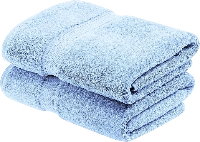 BLUENILEMILLS BNM Egyptian Cotton 2-Piece Towel Set, Includes 2 Bath Towels, Attached Loop for Easy Hanging and Storage, Hotel Quality, Perfect for Bathroom, Gym, Shower Space, or Spa, Light Blue