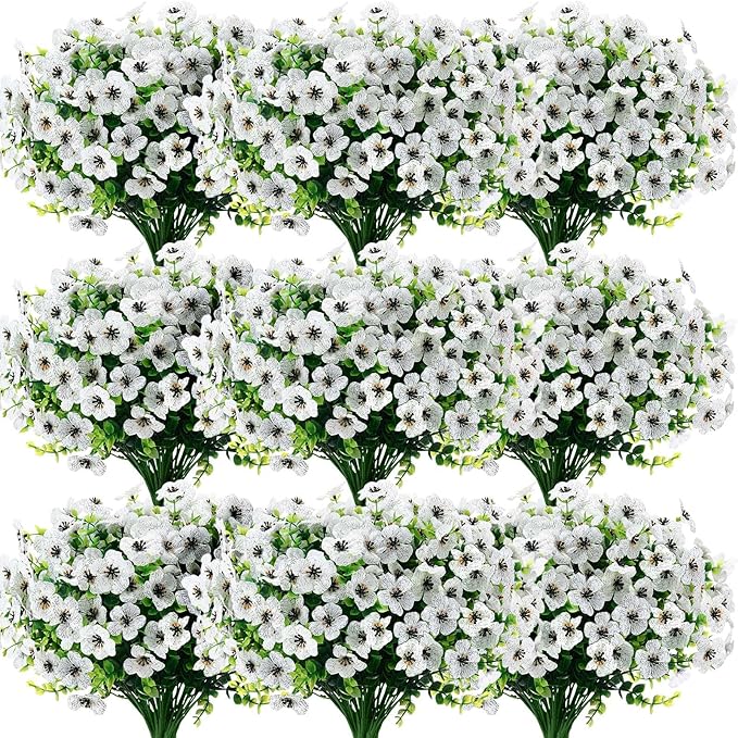 Zeyune 56 Bundles Artificial Flowers Fake UV Resistant for Outdoor Plastic Greenery Shrubs Plants No Fade Faux Flower for Garden Porch Patio Window Wedding Party Decor(White,Elegant)