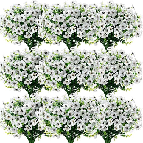 Zeyune 56 Bundles Artificial Flowers Fake UV Resistant for Outdoor Plastic Greenery Shrubs Plants No Fade Faux Flower for Garden Porch Patio Window Wedding Party Decor(White,Elegant)