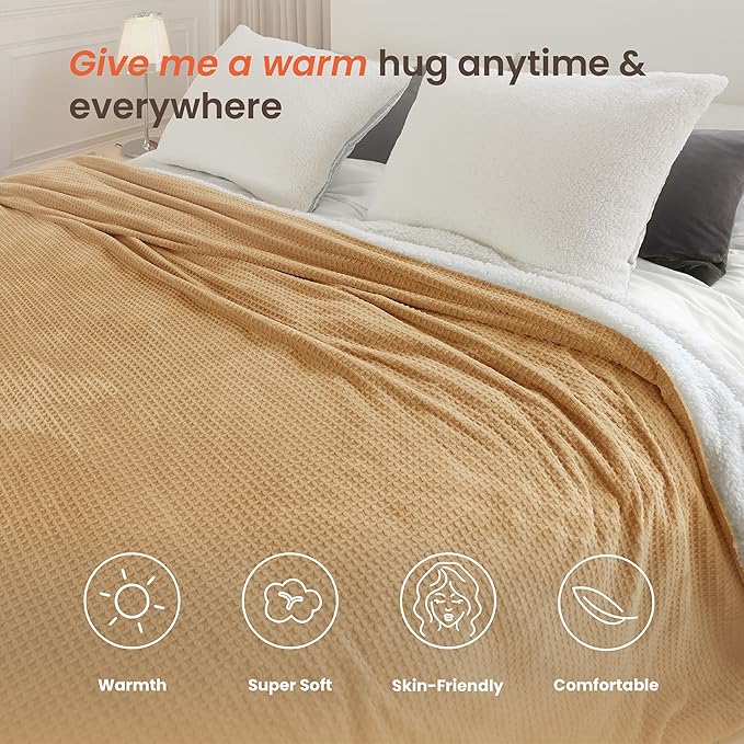 Heated Blanket Electric Blanket Queen Waffle, 84x90 Inches Dual Controllers Sherpa Fleece Fast Heating Blanket 6 Heating Levels & 10 Hours Auto Off ETL Certification, Apricot Orange Queen