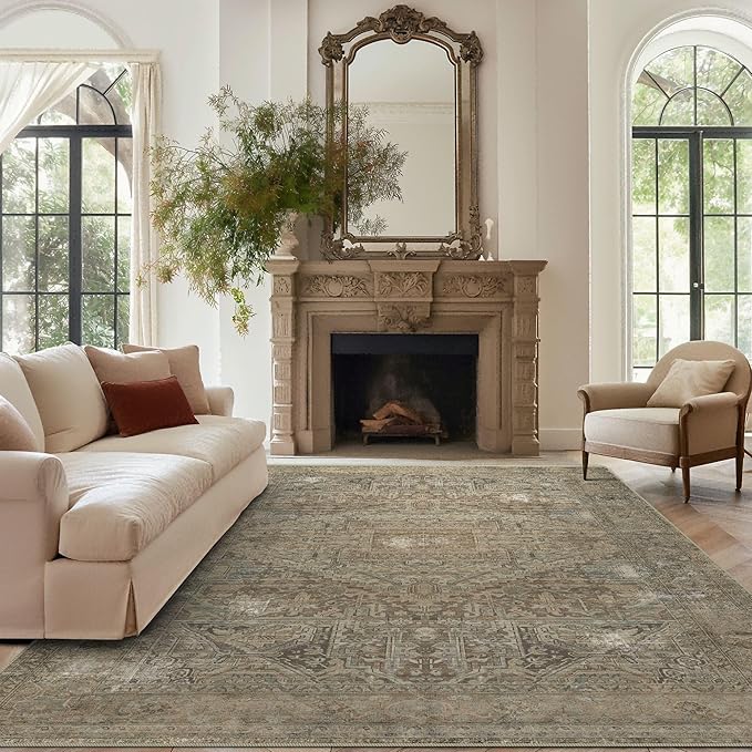 vivorug 3x5 Rug, Small Area Rug for Living Room, Bedroom, Kitchen, Machine Washable Non-Slip Throw Rug, Vintage Carpet for Entryway Nursery Coffee Table - Durable (Olive)