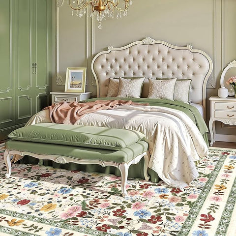 Deerly Washable Floral Rugs 8x10 Large Vintage Living Room Carpet Boho Non-Slip Soft Low Pile Thin Bedroom Floor Mat Indoor for Dining Room Playroom Nursery Farmhouse, Beige/Green/Multi