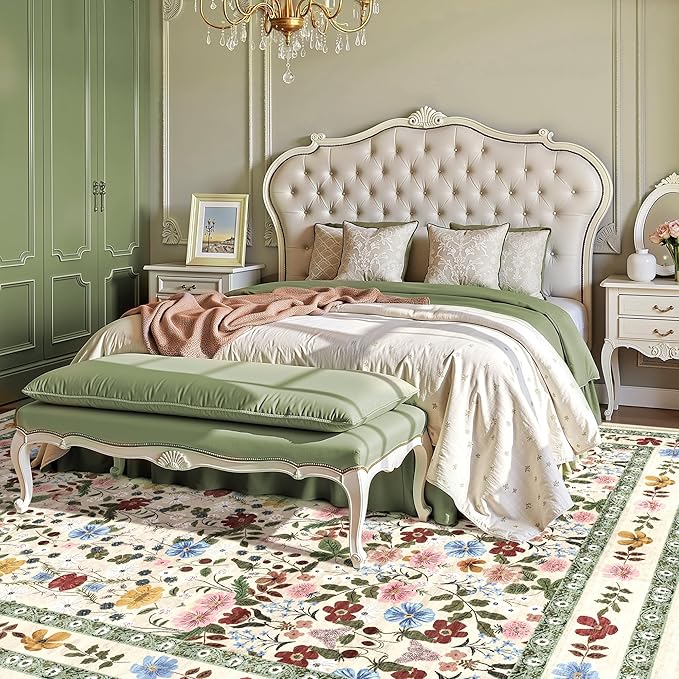 Deerly Large Floral Washable Area Rugs 9x12 for Living Room Vintage Boho Non-Slip Bedroom Carpet Soft Low Pile Thin Floor Mat Indoor for Dining Room Playroom Nursery Farmhouse, Beige/Green/Multi