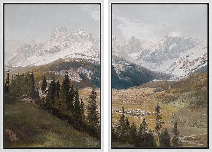MUDECOR Framed Canvas Print Wall Art Alpine Meadow and Mountain Range Rustic Cabin Nature Nature Wilderness Illustrations Realism Decorative Scenic for Living Room, Bedroom, Office - 16"x24"x2 White