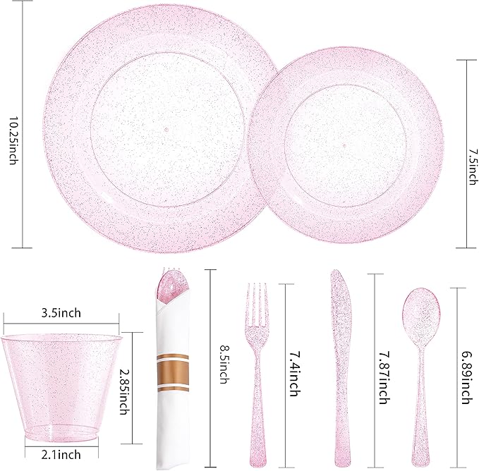 DaYammi 350PCS Rose Gold Glitter Dinnerware Set 50 Guest for Party- 50 Pink Plastic Dinner Plates, 50 Dessert Plates- 50 Per Rolled Napkins with Rose Gold Glitter Cutlery - 50 Cups 9 OZ