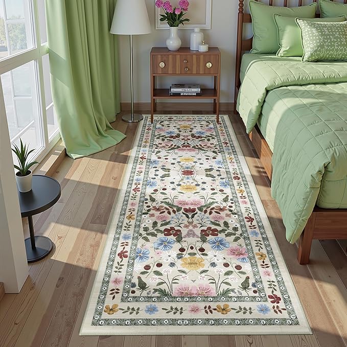 Deerly Floral Runner Rug 3x8 for Hallway Vintage Boho Washable Bathroom Kitchen Bedroom Runner Rugs Non-Slip Soft Low Pile Thin Indoor Carpet for Laundry Room Farmhouse Flower, Beige/Green/Multi