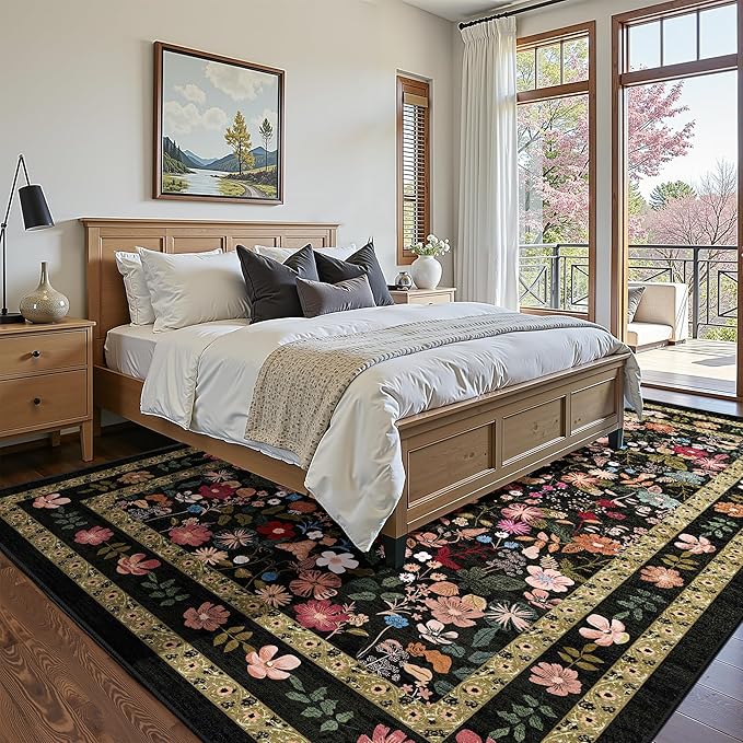 Deerly Floral Area Rug 6x9 for Living Room Vintage Large Washable Non-Slip Bedroom Carpet Soft Low Pile Thin Floor Mat Indoor for Dining Room Playroom Nursery Farmhouse, Black/Multi