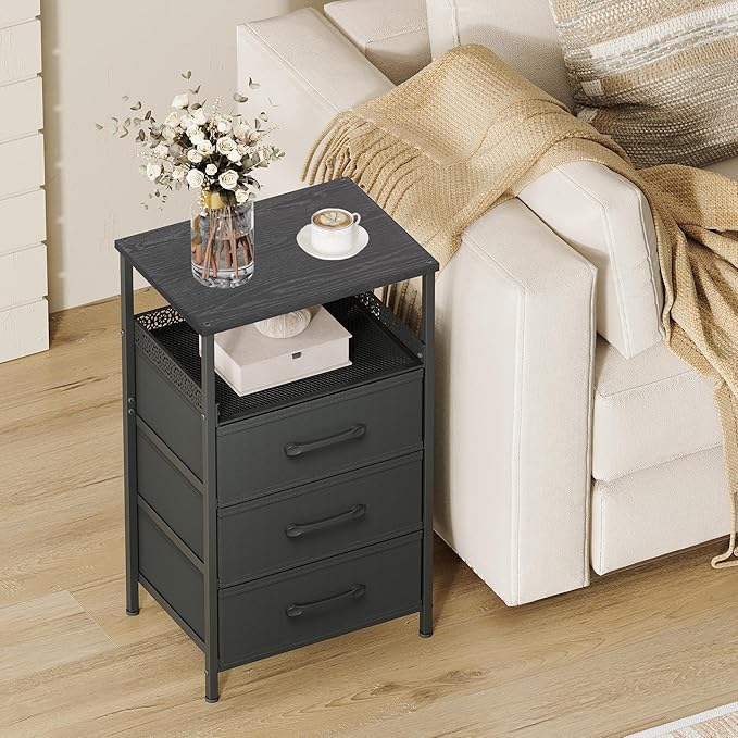 Night Stand Set of 2, Nightstands with 3 Fabric Drawers, Side Table with Open Storage Shelf, Security Metal Mesh, Bedside Tables for Bedroom, Living Room, Small Spaces, Black